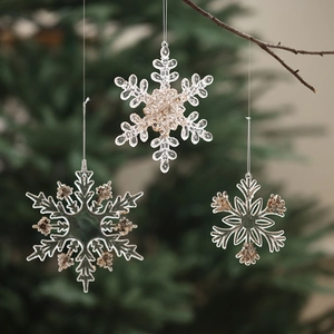 Set of transparent acrylic snowflake ornaments with champagne beads for Christmas decor