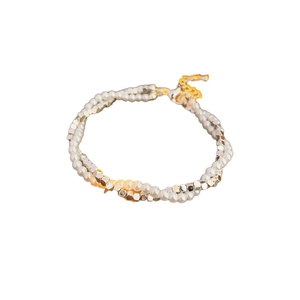 Double-layered bracelet featuring white pearls and faceted silver metallic beads with clasp