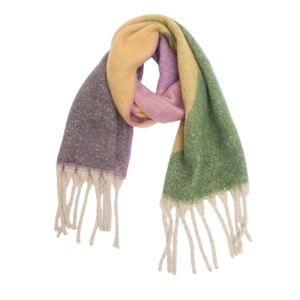 Detail of colorful jacquard boucle scarf featuring thick tassels and soft faux mohair texture