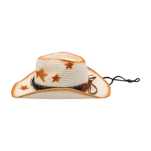 Detail of vintage western straw cowboy hat with star prints and ethnic woven band