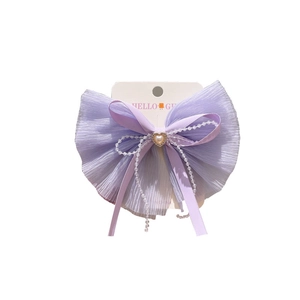 Sweet purple chiffon bow hair clip with elegant pearl beads and heart charm