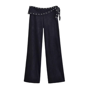 Women Faux Suede Wide Leg Pants High Waist Rivet Decor Foldover Waistband Side Tie Casual Fashion Long Trousers Black