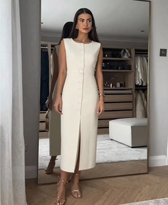 Detail view of white sleeveless button-down midi dress with matching belt and round neck