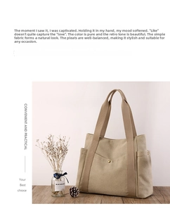 Detail of canvas tote bag with metal snap pocket and functional side storage compartment