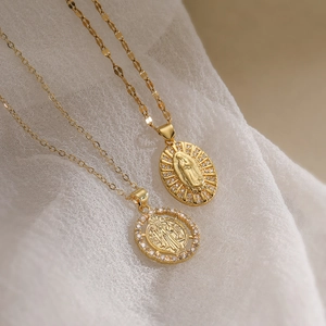 Virgin Mary Saint Benedict Religious Pendant Necklace Copper 18K Gold Plated Cubic Zirconia Geometric Jewelry For Women