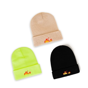Trend knitted beanie hats featuring flame embroidery in beige, yellow and black colors