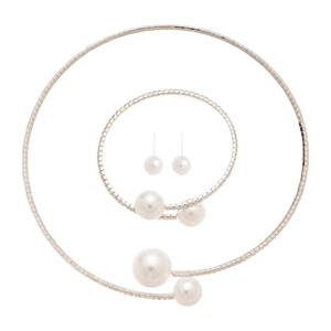 Elegant silver jewelry set featuring pearl necklace, bracelet and stud earrings on white