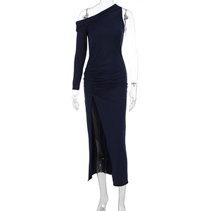 Detail of dark blue one-shoulder dress with elegant ruching and high side slit