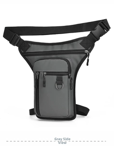 Detailed side view of gray waterproof multi-pocket tactical drop leg bag with durable zippers