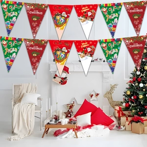 Red and green Christmas banner set with Santa and Reindeer in a festive home setting