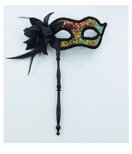 Detail of masquerade handheld mask with gradient sequins and black feather flowers