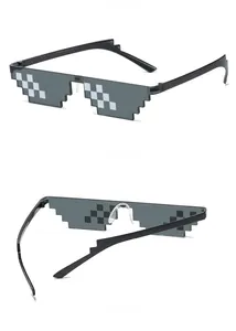 Three views of pixelated thug life sunglasses showing front, side and back details