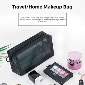 Detail of black mesh cosmetic bag featuring a zipper closure and semi-transparent storage
