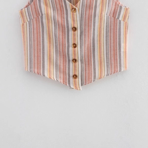 Women's chic striped vest top with orange and yellow stripes and brown buttons