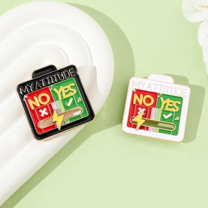 Macro view of yes or no sliding mood brooch with battery power indicator design