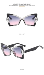Detailed view of C6 butterfly cat-eye sunglasses with grey-black frames and gradient pink lenses