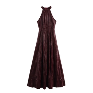 Abito Maxi Halter In Pelle PU Rosso Vino Senza Maniche Vita Alta Pieghettato Streetwear Sexy Cerniera Posteriore Elegante Donna