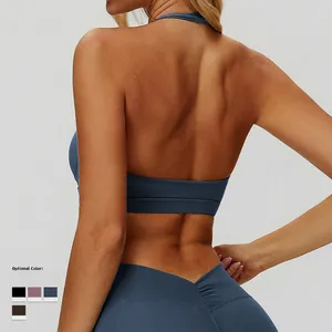 Halter-neck yoga bra and high-waisted leggings set in blue with back cut-out detail