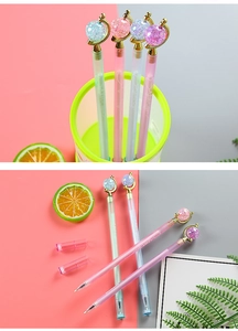 Detail of colorful plastic globe neutral pens with transparent barrels in creative stationery set