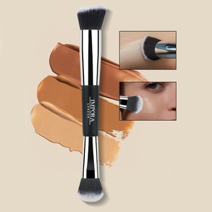 Dual-ended makeup brush detail showing angled flat head and soft round bristles