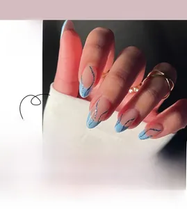 French manicure press-on nails with blue tips, silver glitter lines and almond shape design