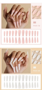 Detail view of pink and white long matte press-on nails in P004-7B and P004-8B models