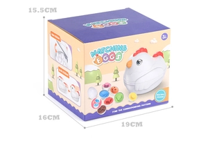 Detailed dimensions of the purple chicken-shaped storage box for educational matching eggs