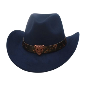 Western Cowboy Hat Vintage Polyester Felt Wide Brim With Leopard Head Buckle Belt Ethnic Jazz Fedora For Adults