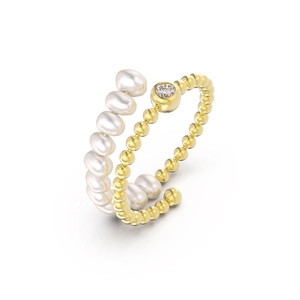 Elegant 925 sterling silver double-layer ring with white pearls and sparkling zircon accents
