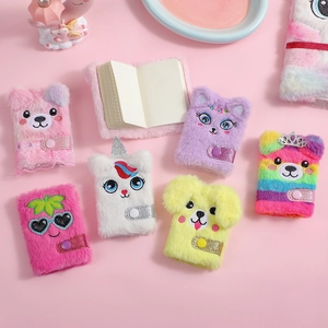 Mini cartoon plush animal notebooks with snap closure and soft faux fur covers