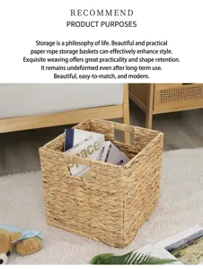 Detail view of hand-woven natural seagrass storage basket with cutout handles