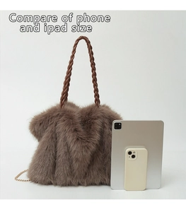 Size comparison of large brown plush tote bag next to an iPad and a phone