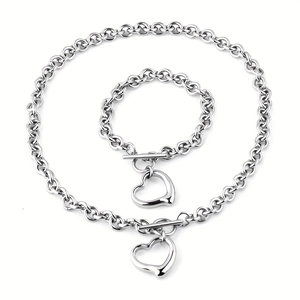 Silver stainless steel OT buckle heart pendant necklace and bracelet jewelry set