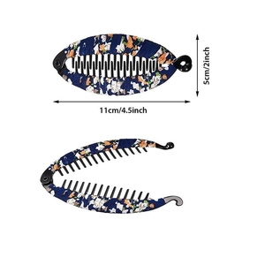 Detail view showing dimensions of floral fabric banana hair clip in navy blue and orange