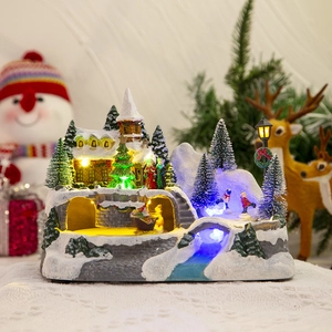 Christmas Village Snow House Ornament Resin LED Light Up Musical Rotating Miniature Scene Desktop Festive Decoration Gift