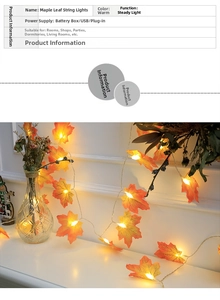 Detail of warm white maple leaf LED string lights with battery and USB power options