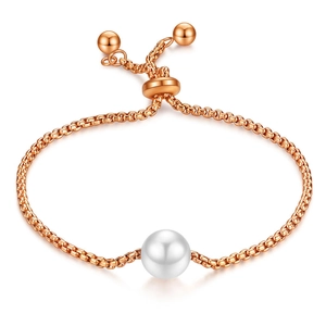 Detail of 10mm white round pearl on adjustable rose gold stainless steel box chain