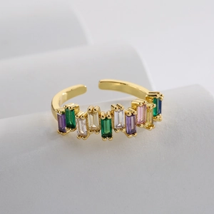 18K gold plated open ring with colorful rectangular cubic zirconia in a modern geometric design