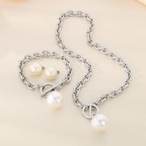 Three-piece stainless steel jewelry set with round pearls including necklace and earrings
