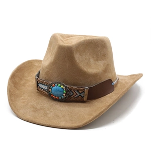 Tan suede western cowboy hat with ethnic beaded band and turquoise stone accent
