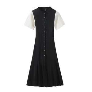 Slim fit knit short sleeve dress with contrast black and white color block and front buttons