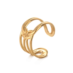 Macro shot of minimalist gold knotted geometric cuff featuring intricate metal wire texture