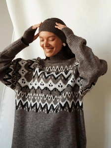 Women's brown Fair Isle knit sweater set with matching headband and fingerless gloves