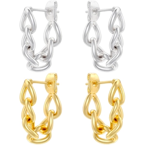Retro Hollow Geometric Chain Link Hoop Earrings 18K Gold Plated Brass Polished Fashion Jewelry For Women