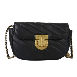Classic black quilted crossbody bag with gold chain strap and circular metal turn-lock