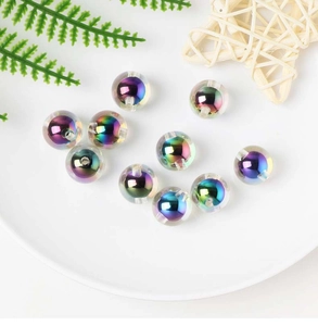 Detailed macro view of 10 rainbow AB coated acrylic beads for DIY jewelry making
