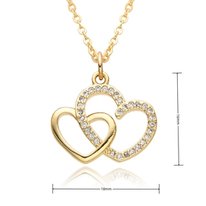 Macro view of gold heart necklace with white zircon pavé and detailed 18x16mm dimensions