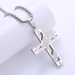 Silver stainless steel double-layer cross pendant necklace with engraved Spanish scripture