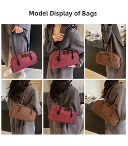 Detailed views of vintage burgundy and dark brown matte shoulder bags on models