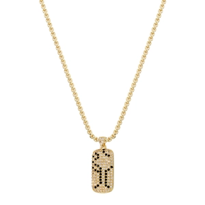 Hip hop gold necklace with a vertical rectangular pendant set with black and white zircons